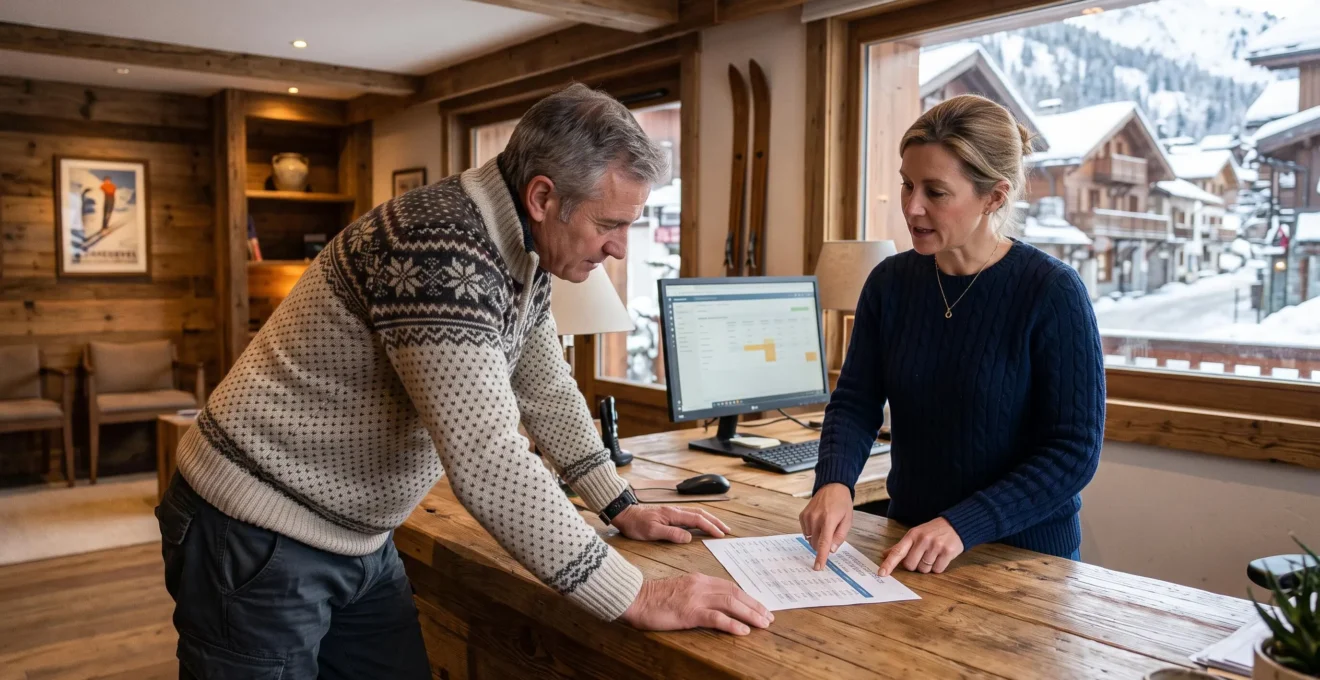 A rental agency manager discusses a printed pricing sheet with a property owner at a wooden desk in an alpine office.