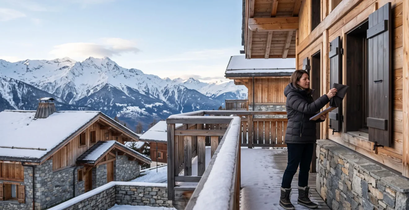 A property manager inspects the snow-covered balcony of a luxury chalet in a French Alpine ski resort.