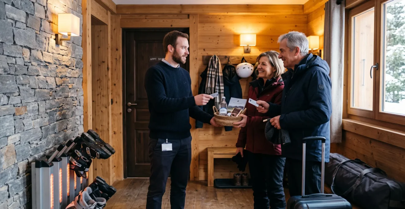 A concierge welcomes a couple with luggage in the timber entrance hall of a luxury chalet apartment.