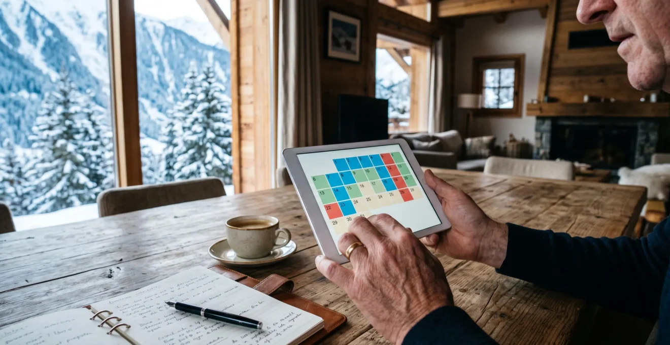 Hands holding a tablet showing an availability calendar at a wooden table in a ski apartment with mountain views.